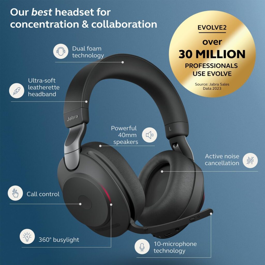 سماعة جبرا Evolve2 85 لاسلكية مع إلغاء ضوضاء متطور، 10 ميكروفونات، بطارية 37 ساعة، صوت قوي وراحة فائقة، معتمدة لمايكروسوفت تيمز.
