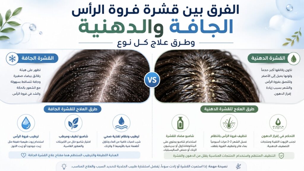 الفرق بين قشرة فروة الرأس الجافة والدهنية